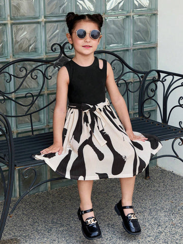 Young Girl Knitted Round Neck Sleeveless Shoulder Cutout Joint Woven Geometric Pattern Casual Dress