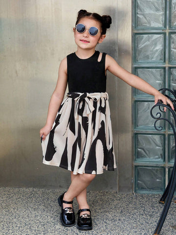 Young Girl Knitted Round Neck Sleeveless Shoulder Cutout Joint Woven Geometric Pattern Casual Dress