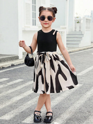 Young Girl Knitted Round Neck Sleeveless Shoulder Cutout Joint Woven Geometric Pattern Casual Dress
