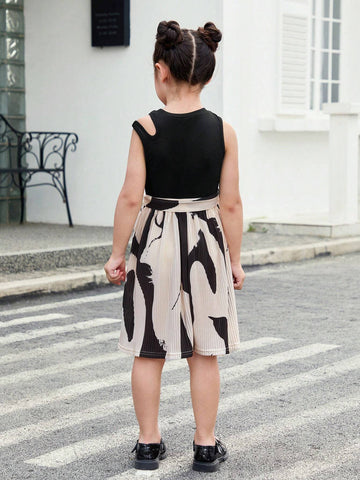 Young Girl Knitted Round Neck Sleeveless Shoulder Cutout Joint Woven Geometric Pattern Casual Dress
