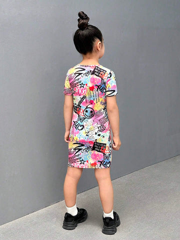 Young Girl Knitted Short Bodycon Casual Dress With Letter Graffiti Pattern
