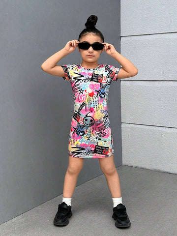 Young Girl Knitted Short Bodycon Casual Dress With Letter Graffiti Pattern