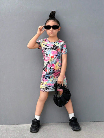 Young Girl Knitted Short Bodycon Casual Dress With Letter Graffiti Pattern