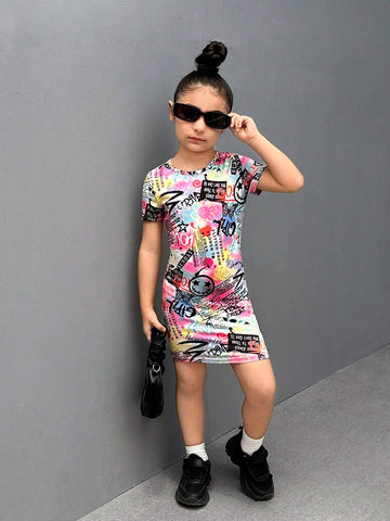 Young Girl Knitted Short Bodycon Casual Dress With Letter Graffiti Pattern