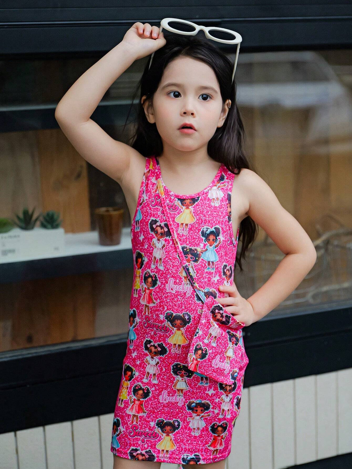 Young Girl Knitted Sleeveless A-Line Dress With Cartoon Print
