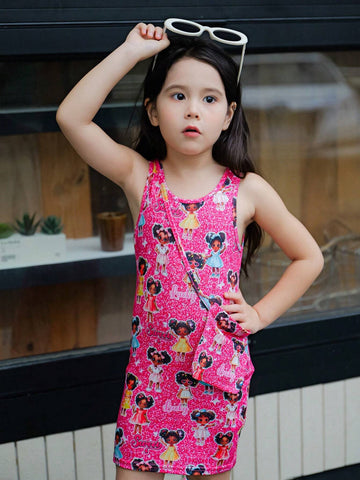 Young Girl Knitted Sleeveless A-Line Dress With Cartoon Print