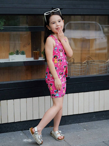 Young Girl Knitted Sleeveless A-Line Dress With Cartoon Print