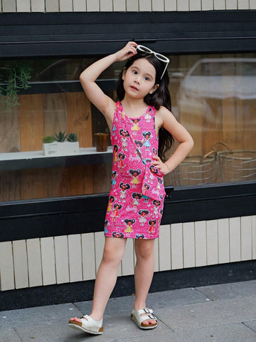 Young Girl Knitted Sleeveless A-Line Dress With Cartoon Print