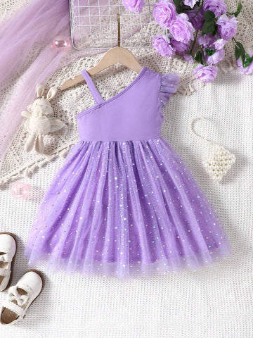 Young Girl Knitted Solid-Colored Dress With Asymmetrical Neckline, Patterned With Girl, And Woven Mesh Splice