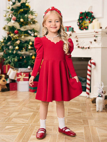 Young Girl Knitted Solid Color Bishop Sleeve Fitted Casual Dress