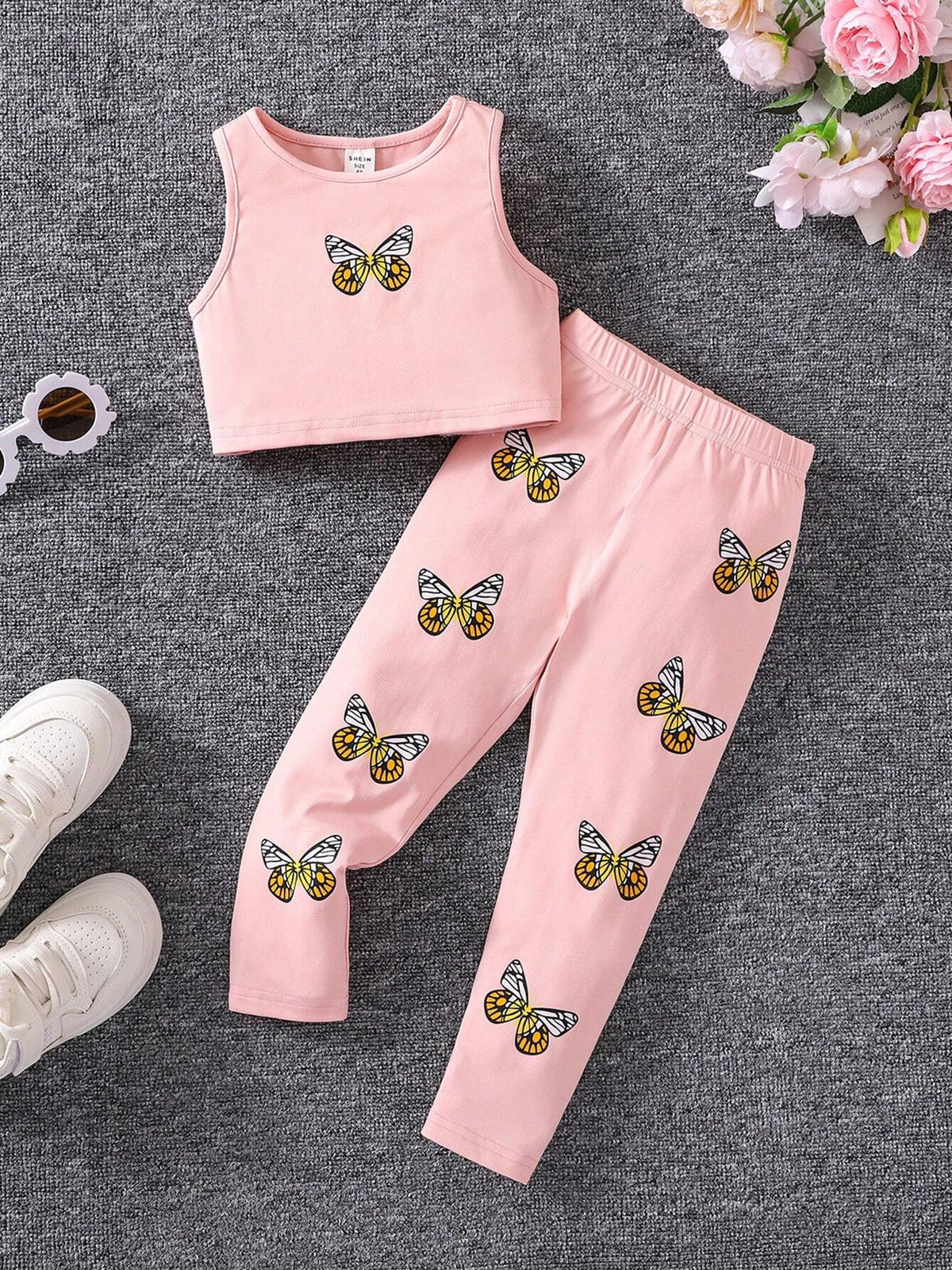 Young Girl Knitted Solid Color Butterfly Pattern Sleeveless Round Neck Vest And Long Pants Two-Piece Set