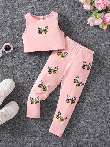 Young Girl Knitted Solid Color Butterfly Pattern Sleeveless Round Neck Vest And Long Pants Two-Piece Set