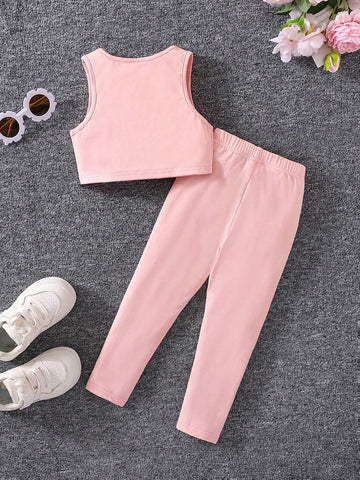 Young Girl Knitted Solid Color Butterfly Pattern Sleeveless Round Neck Vest And Long Pants Two-Piece Set