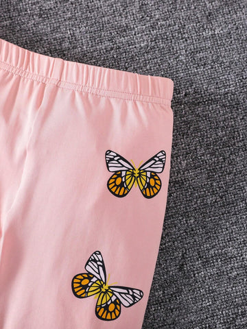 Young Girl Knitted Solid Color Butterfly Pattern Sleeveless Round Neck Vest And Long Pants Two-Piece Set