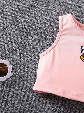 Young Girl Knitted Solid Color Butterfly Pattern Sleeveless Round Neck Vest And Long Pants Two-Piece Set