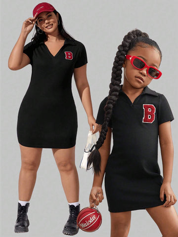 Young Girl Knitted Solid Color Casual Academy Towel Embroidered Letter Bodycon Dress