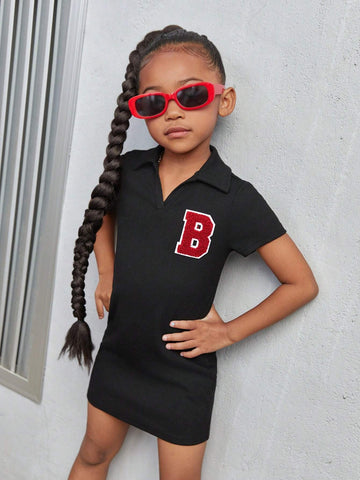 Young Girl Knitted Solid Color Casual Academy Towel Embroidered Letter Bodycon Dress