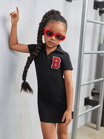 Young Girl Knitted Solid Color Casual Academy Towel Embroidered Letter Bodycon Dress