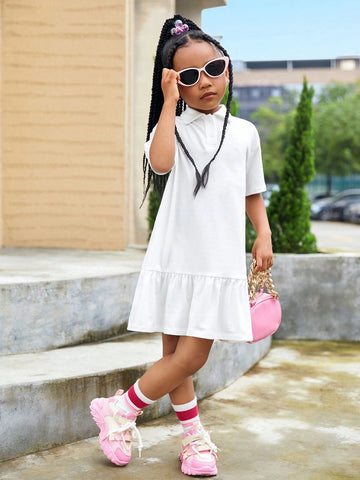 Young Girl Knitted Solid Color Casual Fit Polo Dress With Printed Letters On Back