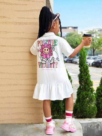 Young Girl Knitted Solid Color Casual Fit Polo Dress With Printed Letters On Back
