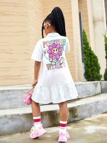 Young Girl Knitted Solid Color Casual Fit Polo Dress With Printed Letters On Back