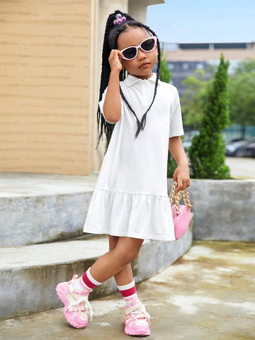 Young Girl Knitted Solid Color Casual Fit Polo Dress With Printed Letters On Back