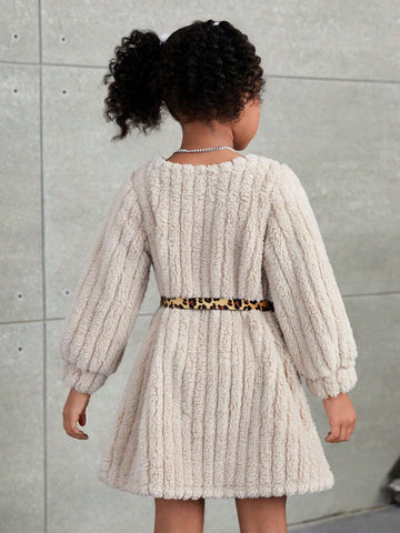 Young Girl Knitted Solid Color Crew Neck Fluffy Loose Casual Dress With Waist Pack