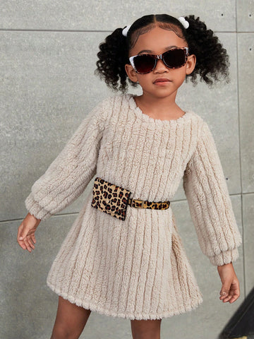 Young Girl Knitted Solid Color Crew Neck Fluffy Loose Casual Dress With Waist Pack