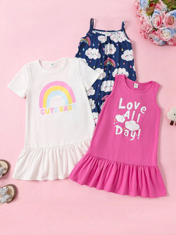 Young Girl Knitted Solid Color Cute Cloud And Rainbow Pattern Three-Piece Dress Set