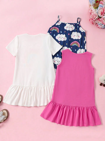 Young Girl Knitted Solid Color Cute Cloud And Rainbow Pattern Three-Piece Dress Set