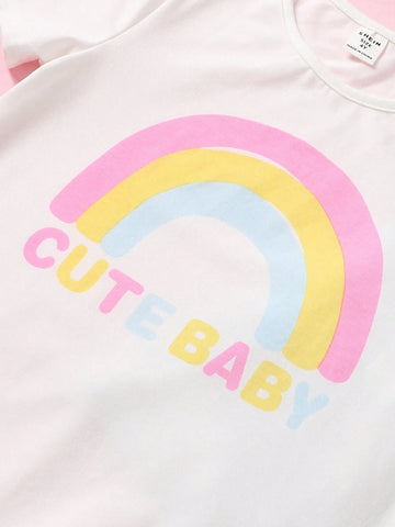 Young Girl Knitted Solid Color Cute Cloud And Rainbow Pattern Three-Piece Dress Set