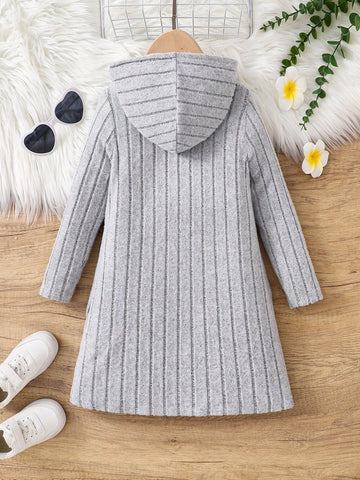 Young Girl Knitted Solid Color Cute Embroidered Cat Pattern Hooded Dress