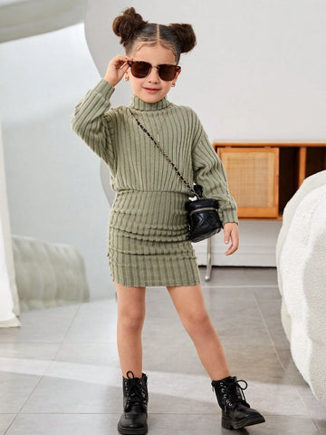 Young Girl Knitted Solid Color Fashionable Elegant Stand Collar Fitted Casual Dress