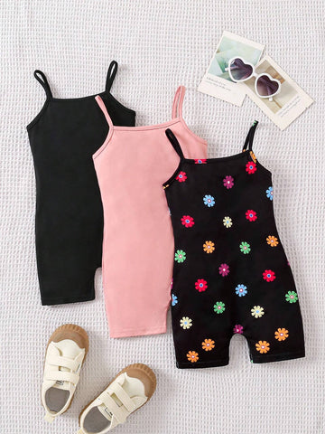 Young Girl Knitted Solid Color Jumpsuit With Colorful Flower Pattern Knitted Vest And Shorts, 3pcs/Set