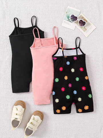 Young Girl Knitted Solid Color Jumpsuit With Colorful Flower Pattern Knitted Vest And Shorts, 3pcs/Set