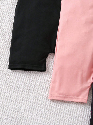 Young Girl Knitted Solid Color Jumpsuit With Colorful Flower Pattern Knitted Vest And Shorts, 3pcs/Set