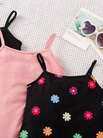 Young Girl Knitted Solid Color Jumpsuit With Colorful Flower Pattern Knitted Vest And Shorts, 3pcs/Set