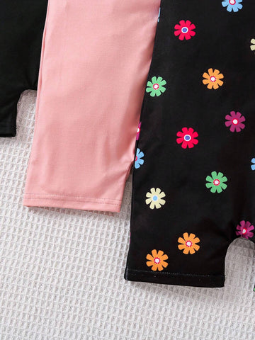 Young Girl Knitted Solid Color Jumpsuit With Colorful Flower Pattern Knitted Vest And Shorts, 3pcs/Set
