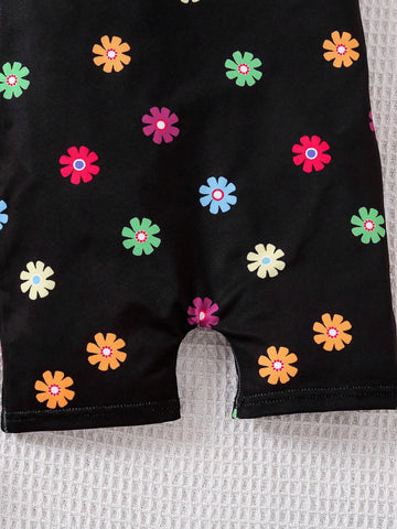 Young Girl Knitted Solid Color Jumpsuit With Colorful Flower Pattern Knitted Vest And Shorts, 3pcs/Set