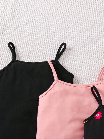 Young Girl Knitted Solid Color Jumpsuit With Colorful Flower Pattern Knitted Vest And Shorts, 3pcs/Set