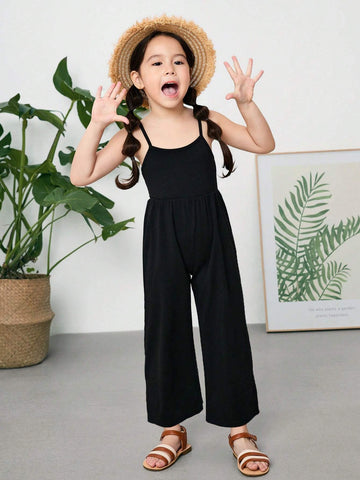Young Girl Knitted Solid Color Jumpsuit With Spaghetti Straps, Casual And Slim-Fit