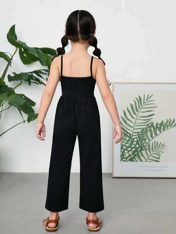 Young Girl Knitted Solid Color Jumpsuit With Spaghetti Straps, Casual And Slim-Fit