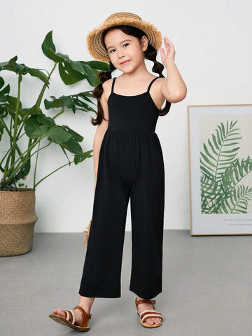 Young Girl Knitted Solid Color Jumpsuit With Spaghetti Straps, Casual And Slim-Fit