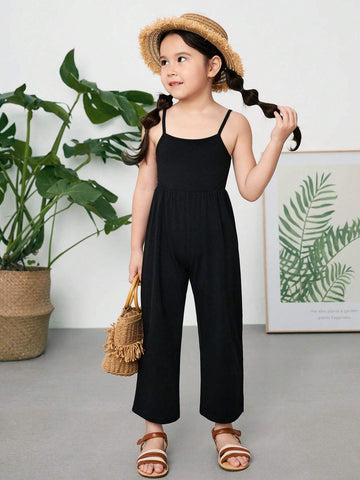 Young Girl Knitted Solid Color Jumpsuit With Spaghetti Straps, Casual And Slim-Fit