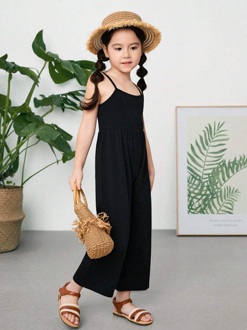 Young Girl Knitted Solid Color Jumpsuit With Spaghetti Straps, Casual And Slim-Fit