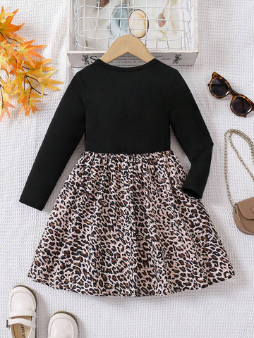 Young Girl Knitted Solid Color Leopard Patchwork Floral Print Round Neck A-Line Dress
