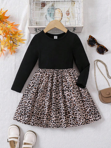 Young Girl Knitted Solid Color Leopard Patchwork Floral Print Round Neck A-Line Dress