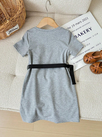 Young Girl Knitted Solid Color Letter Pattern Bodycon Dress With Crossbody Bag