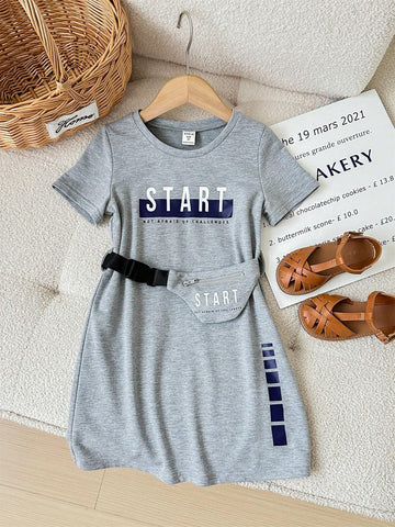 Young Girl Knitted Solid Color Letter Pattern Bodycon Dress With Crossbody Bag
