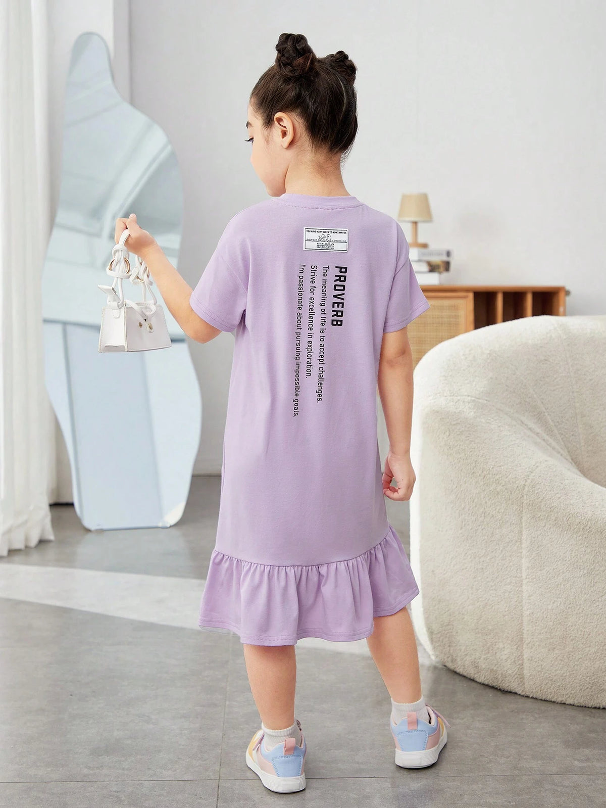 Young Girl Knitted Solid Color Letter Print Loose Casual Dress With Round Neck
